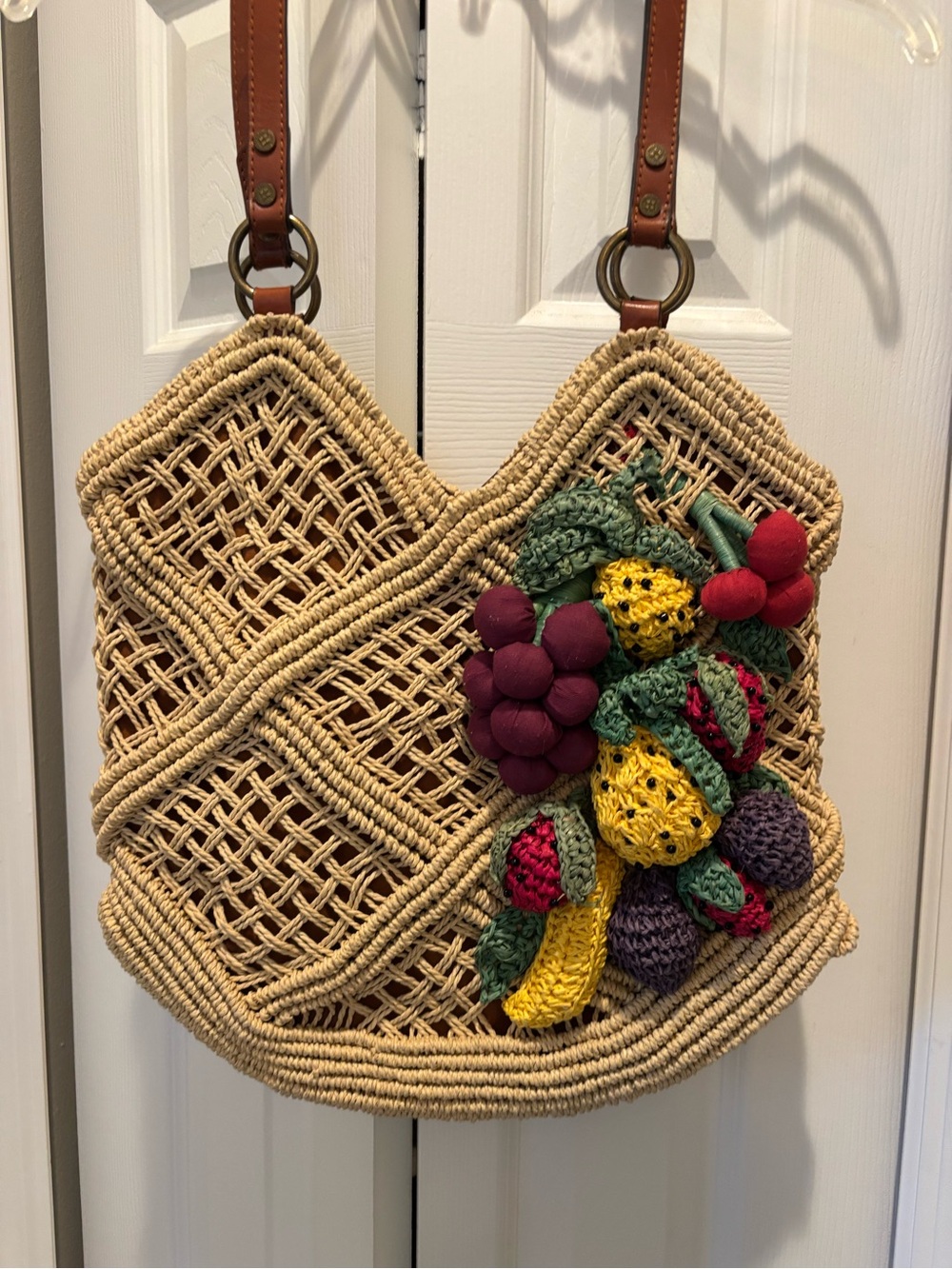 Patricia Nash Natural Woven Tote with Multicolor Crochet Fruit Accents